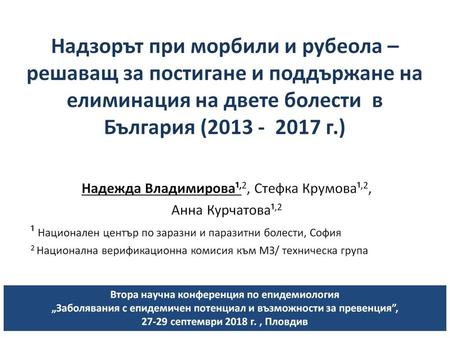Надзорът при морбили и рубеола – решаващ за постигане и поддържане на елиминация на двете болести в България (2013 - 2017 г.)