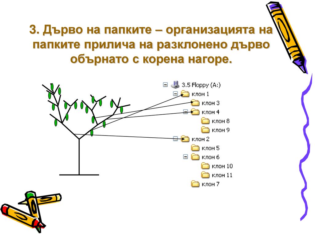 3. Дърво на папките – организацията на папките прилича на разклонено дърво обърнато с корена нагоре.
