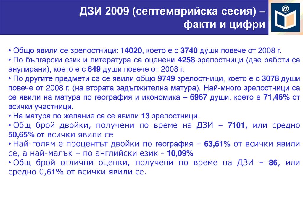 ДЗИ 2009 (септемврийска сесия) – факти и цифри