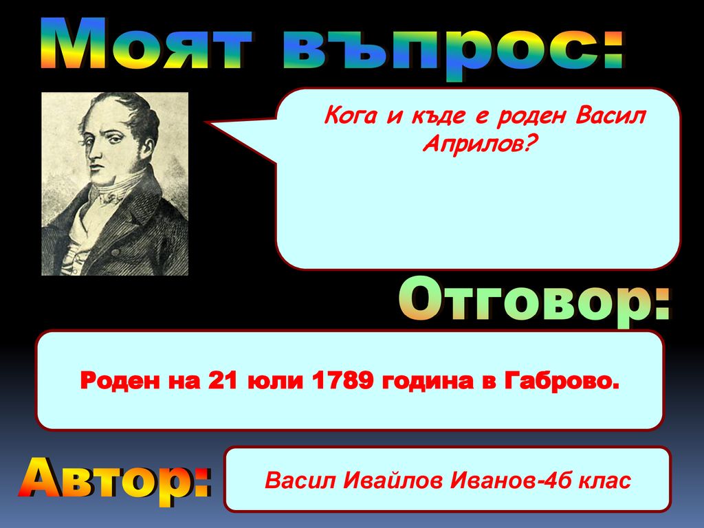 Роден на 21 юли 1789 година в Габрово. Васил Ивайлов Иванов-4б клас