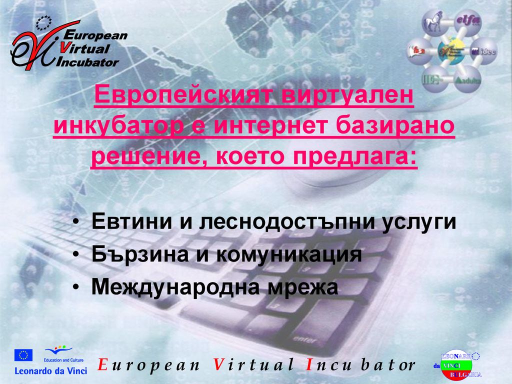 Европейският виртуален инкубатор е интернет базирано решение, което предлага: