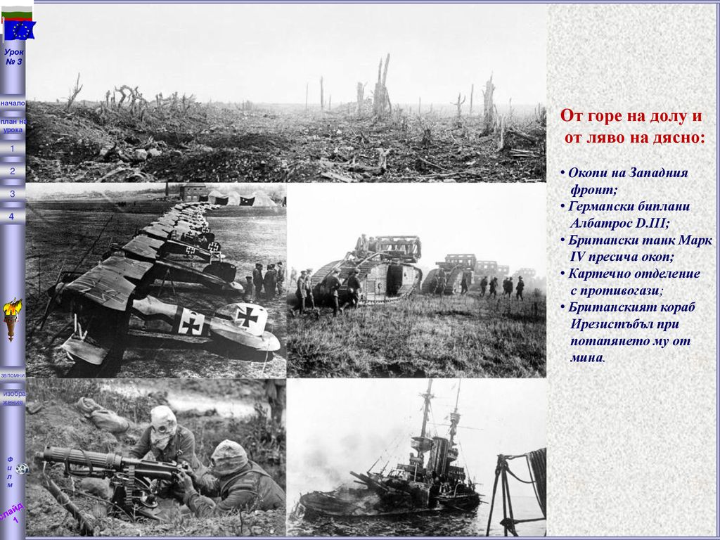 От горе на долу и от ляво на дясно: Oкопи на Западния фронт;