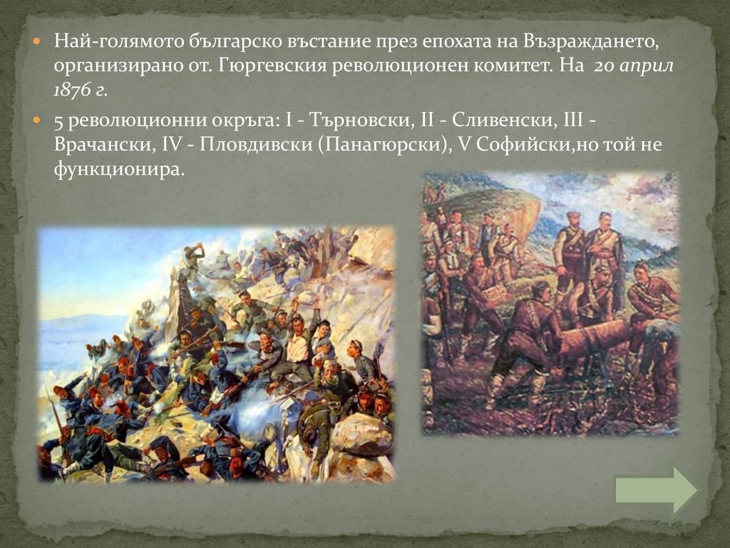 Най-голямото българско въстание през епохата на Възраждането, организирано от. Гюргевския революционен комитет. На 20 април 1876 г.