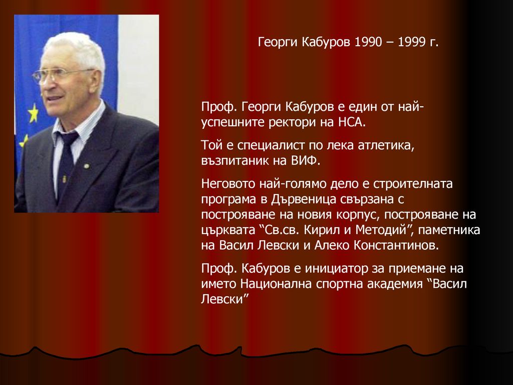 Георги Кабуров 1990 – 1999 г. Проф. Георги Кабуров е един от най-успешните ректори на НСА. Той е специалист по лека атлетика, възпитаник на ВИФ.