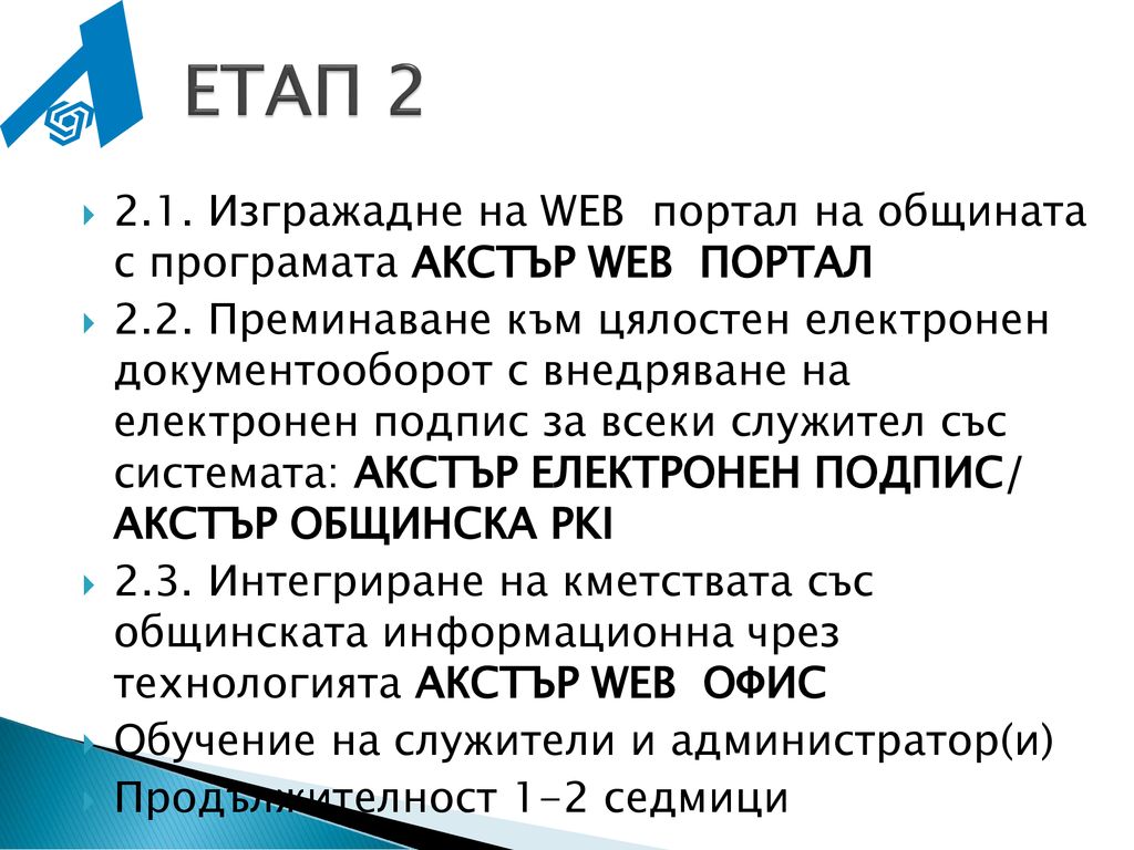 ЕТАП Изгражадне на WEB портал на общината с програмата АКСТЪР WEB ПОРТАЛ.