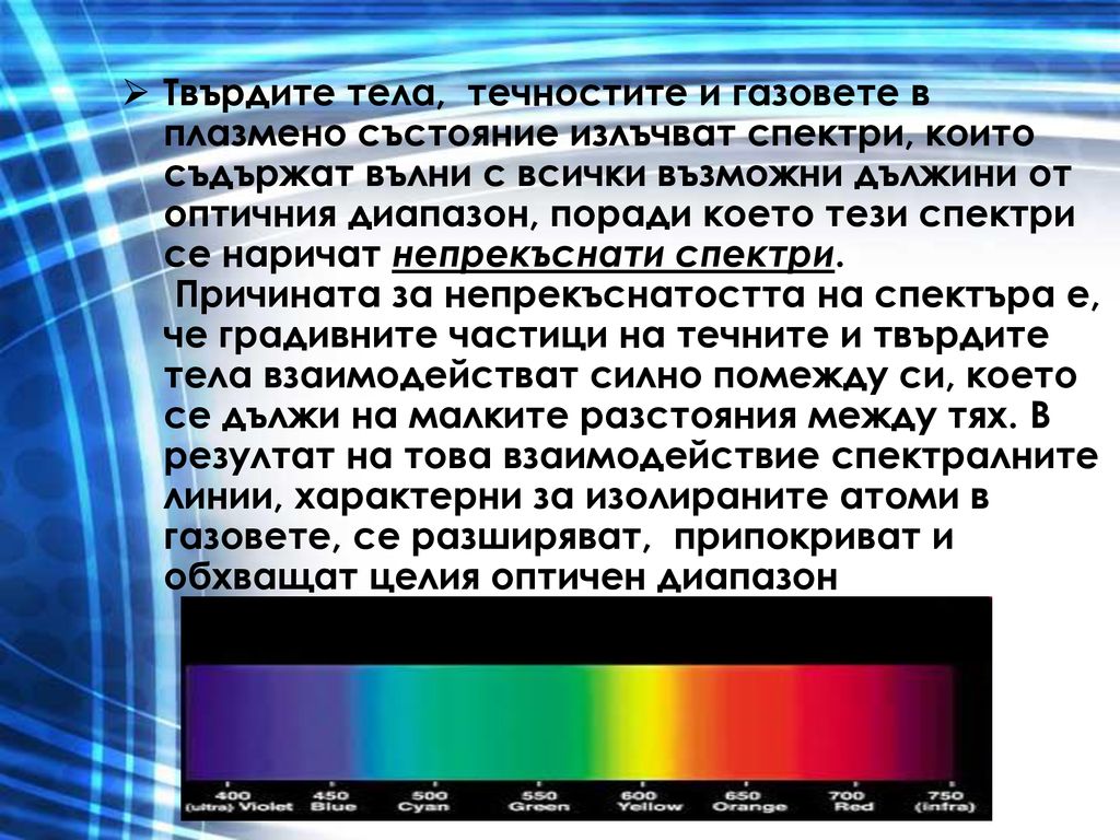 Твърдите тела, течностите и газовете в плазмено състояние излъчват спектри, които съдържат вълни с всички възможни дължини от оптичния диапазон, поради което тези спектри се наричат непрекъснати спектри.