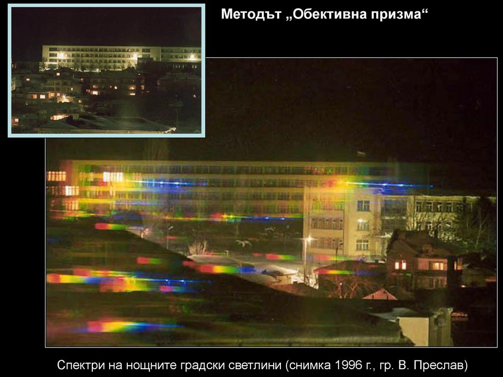 Спектри на нощните градски светлини (снимка 1996 г., гр. В. Преслав)