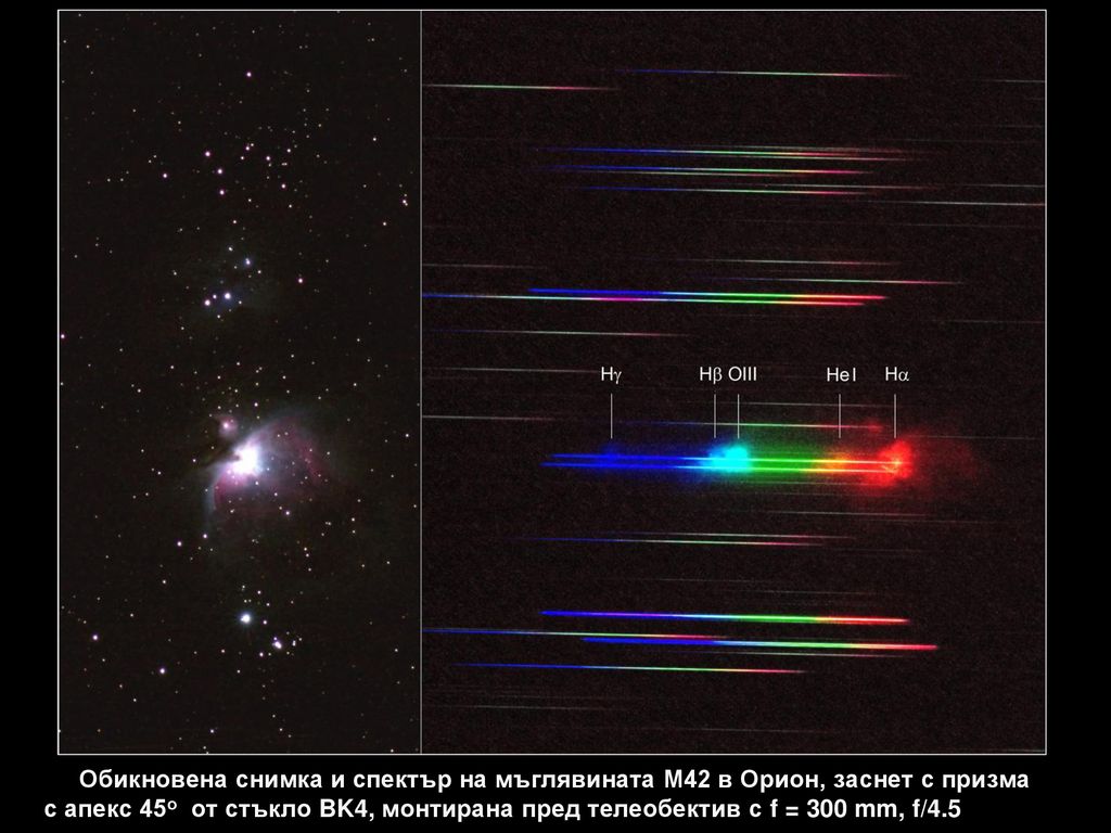 Обикновена снимка и спектър на мъглявината М42 в Орион, заснет с призма с апекс 45о от стъкло BK4, монтирана пред телеобектив с f = 300 mm, f/4.5