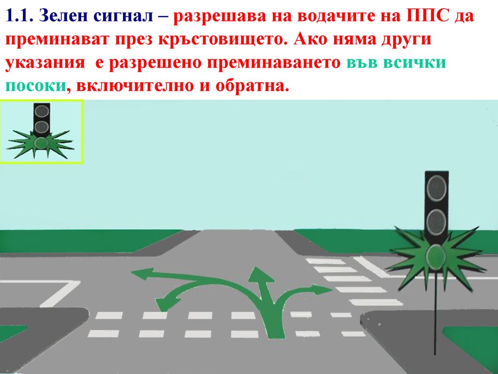 1.1. Зелен сигнал – разрешава на водачите на ППС да преминават през кръстовището.