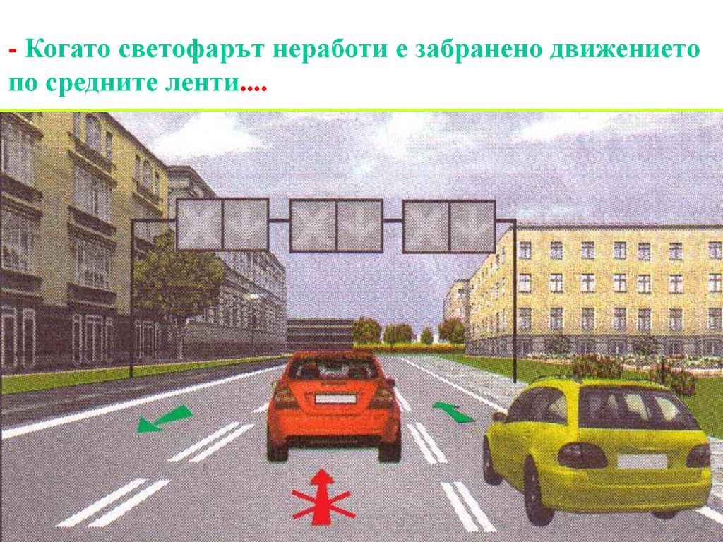 - Когато светофарът неработи е забранено движението по средните ленти....