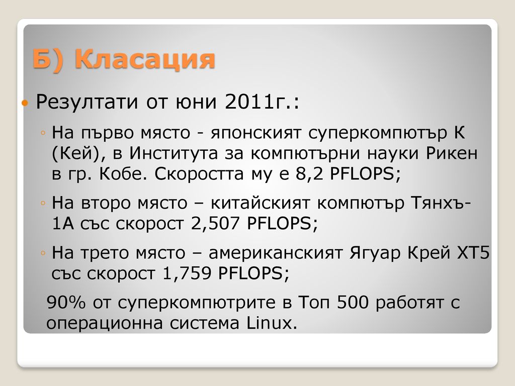 Б) Класация Резултати от юни 2011г.: